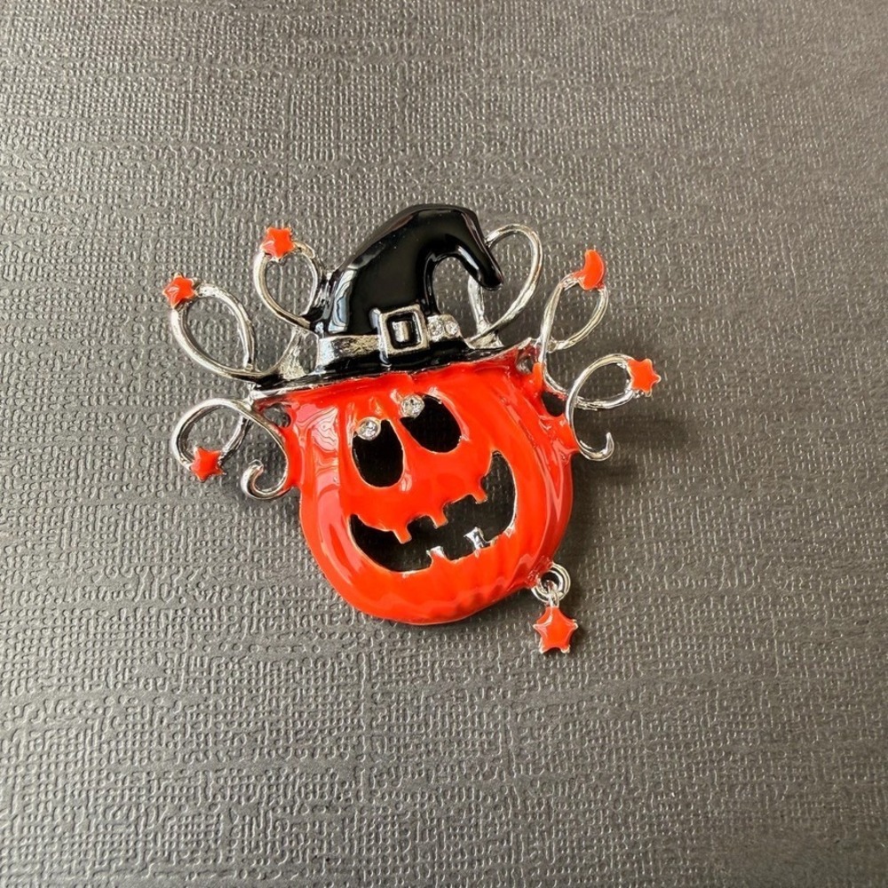 Halloween Pumpkin Witch Brooch Silver Pin Jack O Lantern Orange Enamel Black Hat